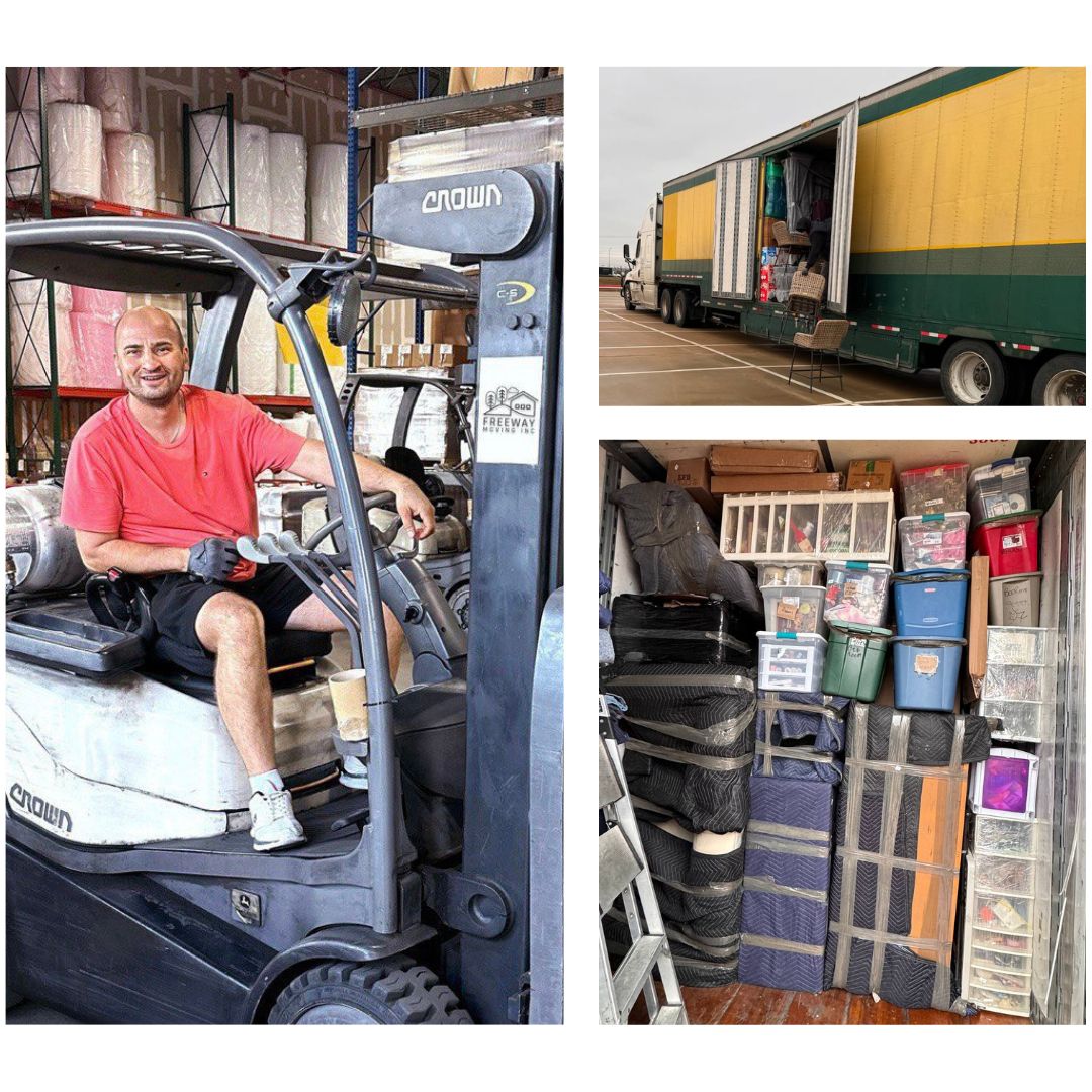 A mover on a forklift and a moving company truck.